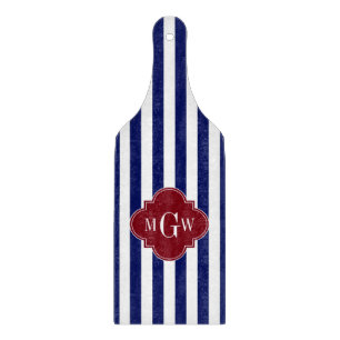 Navy White Stripe Burgundy Quatrefoil 3 Monogram Cutting Board