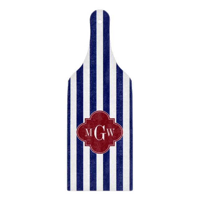 Navy White Stripe Burgundy Quatrefoil 3 Monogram Cutting Board (Front)