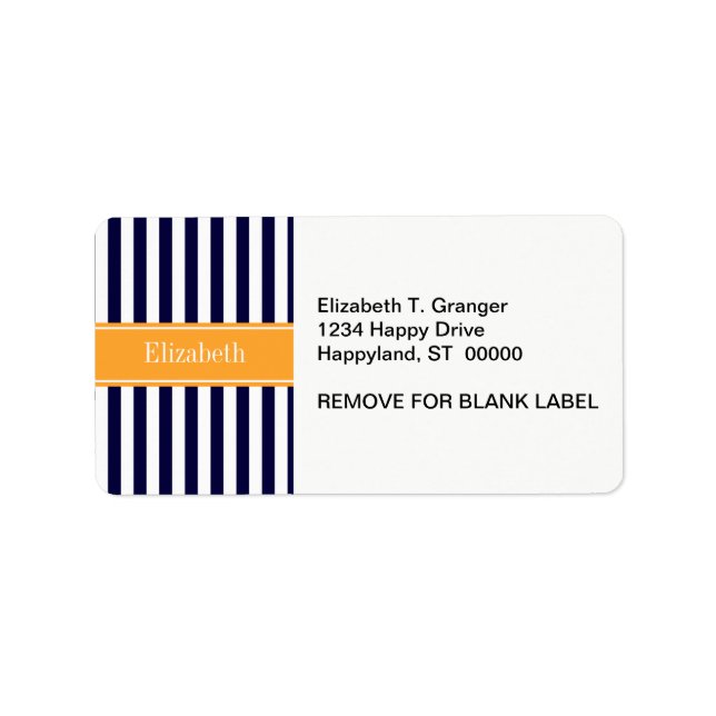 Navy White Stripe Cantaloupe Ribbon Name Monogram Label (Front)