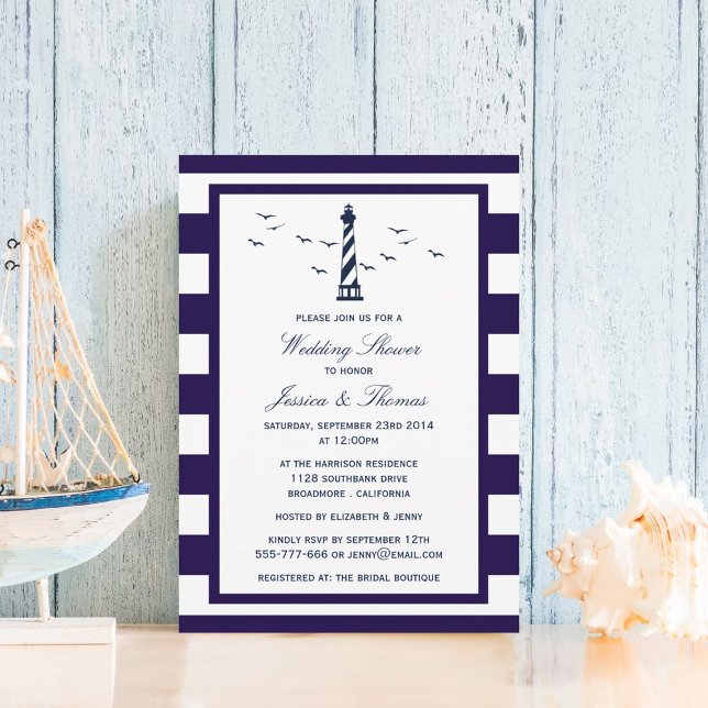 Navy & White Stripe Lighthouse Nautical Wedding Invitation (Creator Uploaded)