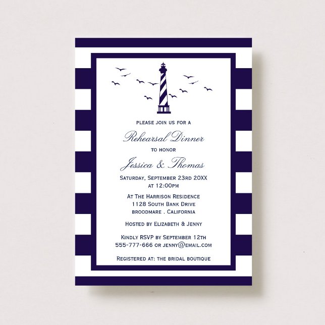 Navy & White Stripe Lighthouse Rehearsal Dinner Invitation (Creator Uploaded)