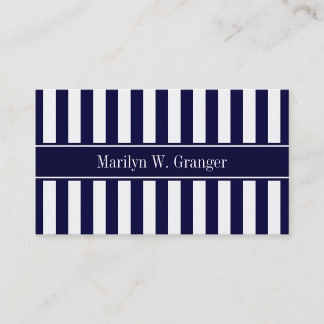 Navy White Stripe Navy Blue Ribbon Name Monogram Business Card (Front)