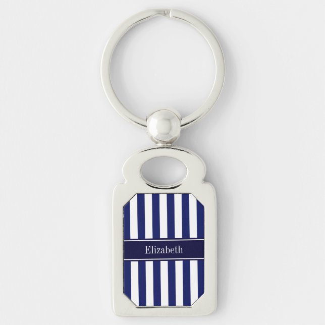 Navy White Stripe Navy Blue Ribbon Name Monogram Key Ring (Front)