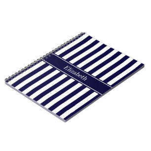 Navy White Stripe Navy Blue Ribbon Name Monogram Notebook