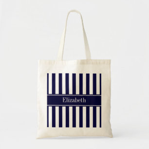Navy White Stripe Navy Blue Ribbon Name Monogram Tote Bag