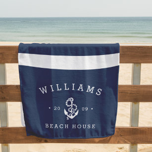Navy & White Stripe Personalised Beach House Beach Towel