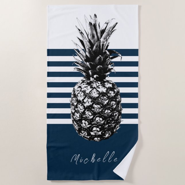 Navy & White Stripe Pineapple | Custom Beach Towel (Front)