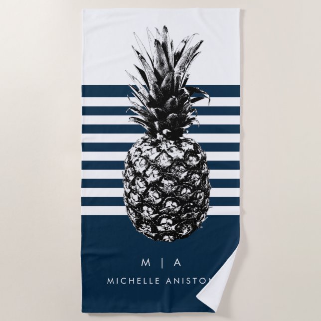 Navy & White Stripe Pineapple | Monogram Custom Beach Towel (Front)