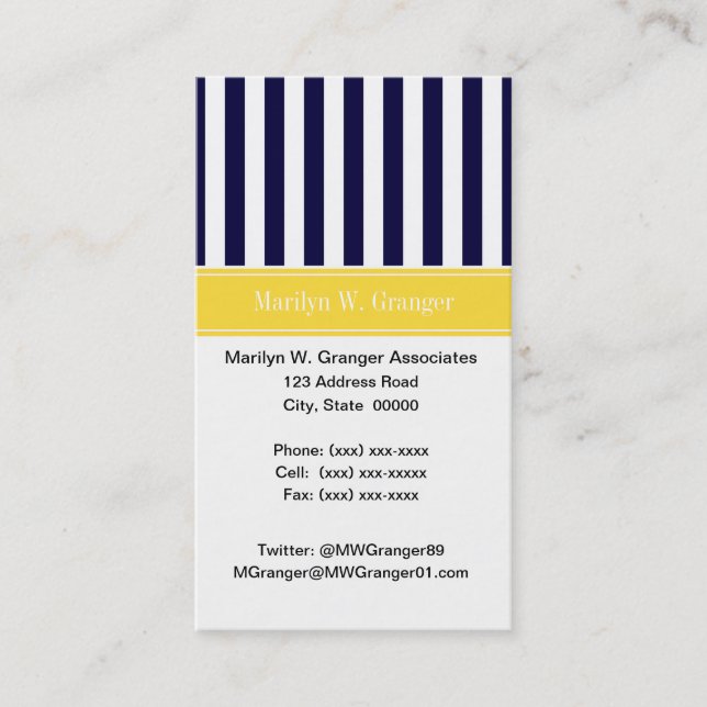 Navy White Stripe Pineapple Ribbon Name Monogram Business Card (Front)