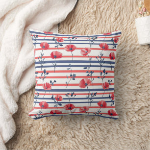 Navy White Stripe Red Poppy Coastal Floral Cushion
