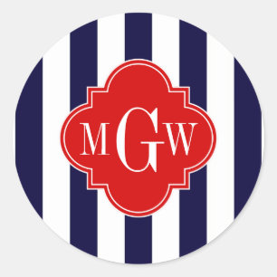 Navy White Stripe Red Quatrefoil 3 Monogram Classic Round Sticker
