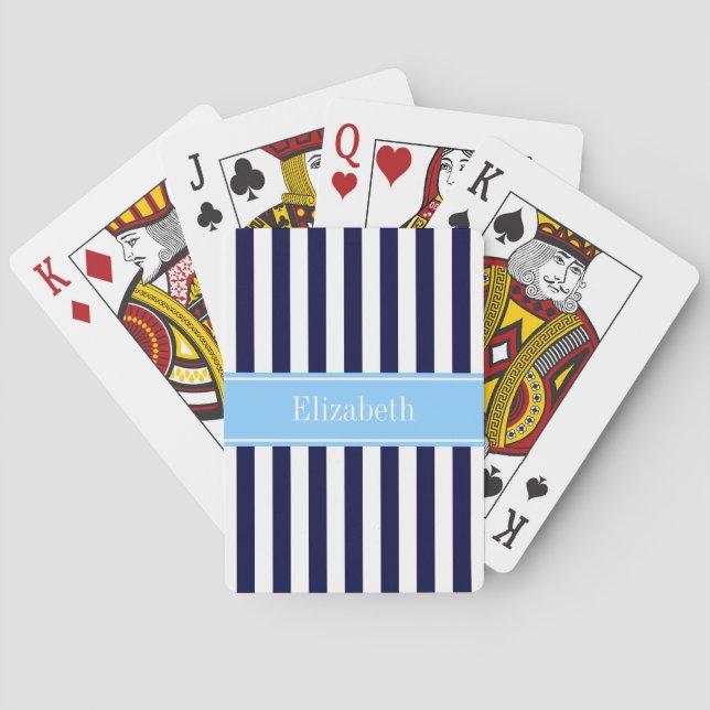 Navy White Stripe Sky Blue Ribbon Name Monogram Playing Cards (Back)