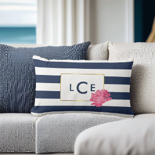 Navy & White Stripe w/ Pink Peony   Monogram Lumbar Cushion