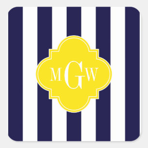 Navy White Stripe Yellow Quatrefoil 3 Monogram Square Sticker