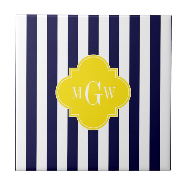 Navy White Stripe Yellow Quatrefoil 3 Monogram Tile (Front)