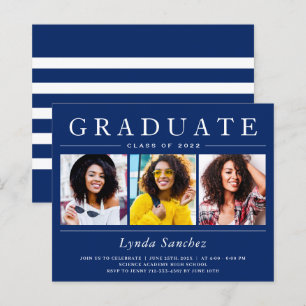 Navy White Striped Three Photo Graduation Invitati