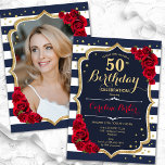 Navy White Stripes Red Roses Photo 50th Birthday Invitation<br><div class="desc">Elegant floral feminine 50th birthday invitation with your photo at the back of the card. Glam navy white red design with faux glitter gold. Features navy blue and white stripes, red roses, script font and confetti. Perfect for a stylish adult bday celebration party. Personalise with your own details. Can be...</div>