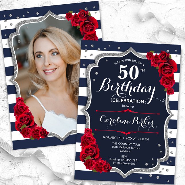 Navy White Stripes Red Silver Photo 50th Birthday Invitation (Creator Uploaded)