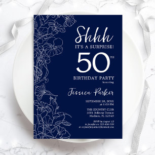 Navy White Surprise 50th Birthday Invitation
