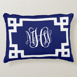 Navy White Vine Script Monogram Greek Key DIY BG Decorative Cushion