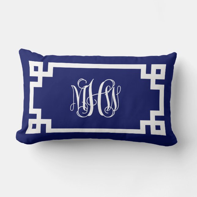 Navy White Vine Script Monogram Greek Key DIY BG Lumbar Cushion (Front)