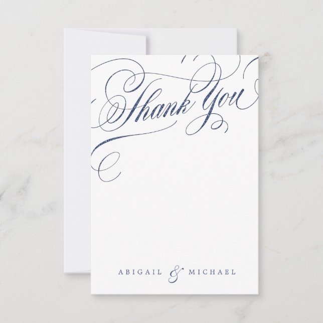 Navy white vintage calligraphy wedding thank you (Front)