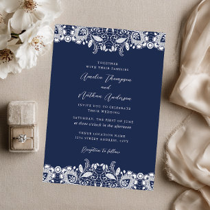 Navy White Vintage Lace Wedding Invitation