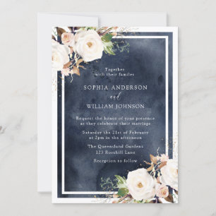 Navy & White Watercolor Flowers Elegant Wedding Invitation