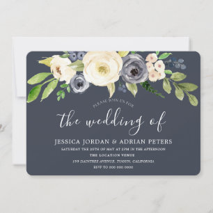 Navy & White Watercolor Flowers Modern Wedding Invitation