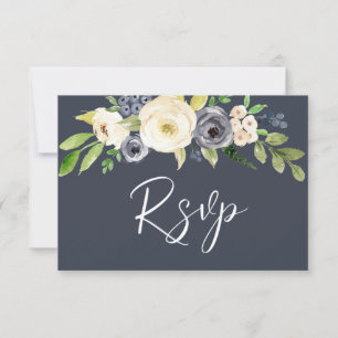 Navy & White Watercolor Flowers Wedding RSVP Card