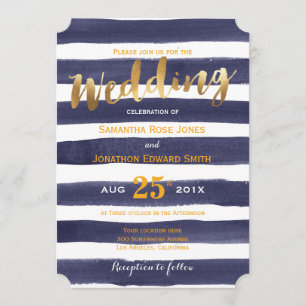 Navy White Watercolor Stripes Gold Wedding Invitation