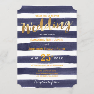 Navy White Watercolor Stripes Gold Wedding Invitation