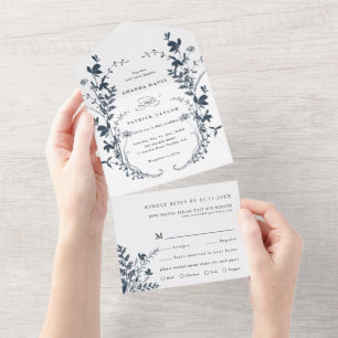 Navy & White Wildflower Silhouette Wreath Wedding  All In One Invitation
