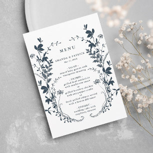 Navy & White Wildflower Silhouette Wreath Wedding  Menu
