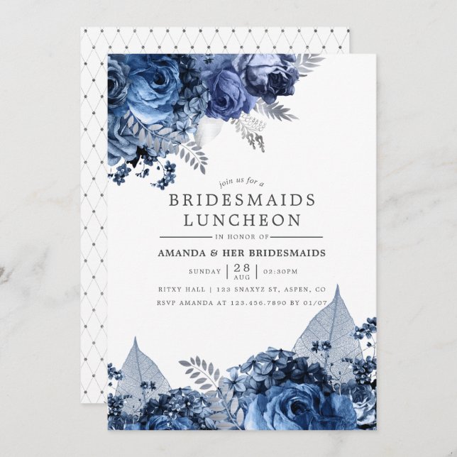 Navy & White with Silver Foil Bridesmaids Luncheon Invitation (Front/Back)