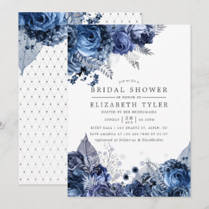 Navy & White with Silver Foil Floral Bridal Shower Invitation