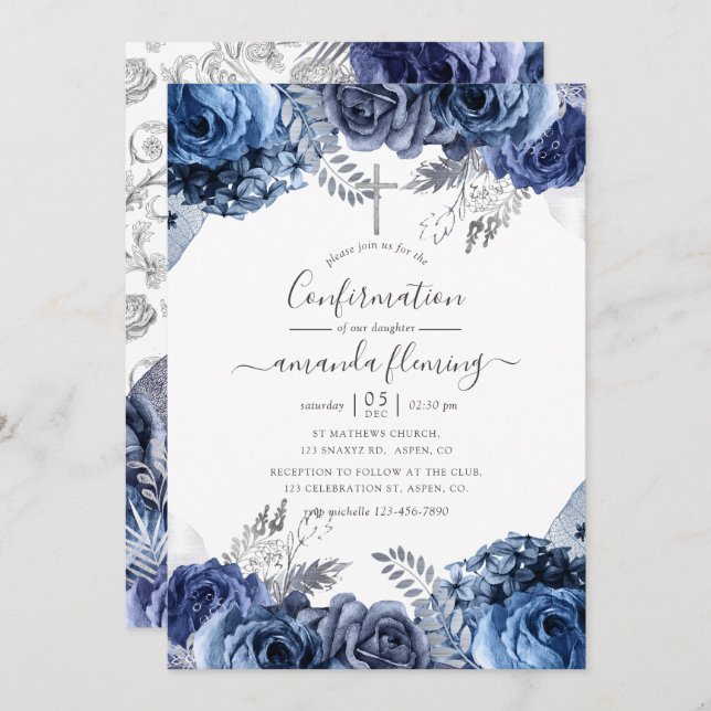 Navy & White with Silver Foil Floral Confirmation Invitation (Front/Back)