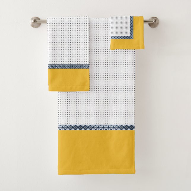 Navy White Yellow Gold Eastern Geometric Pattern Bath Towel Set (Insitu)