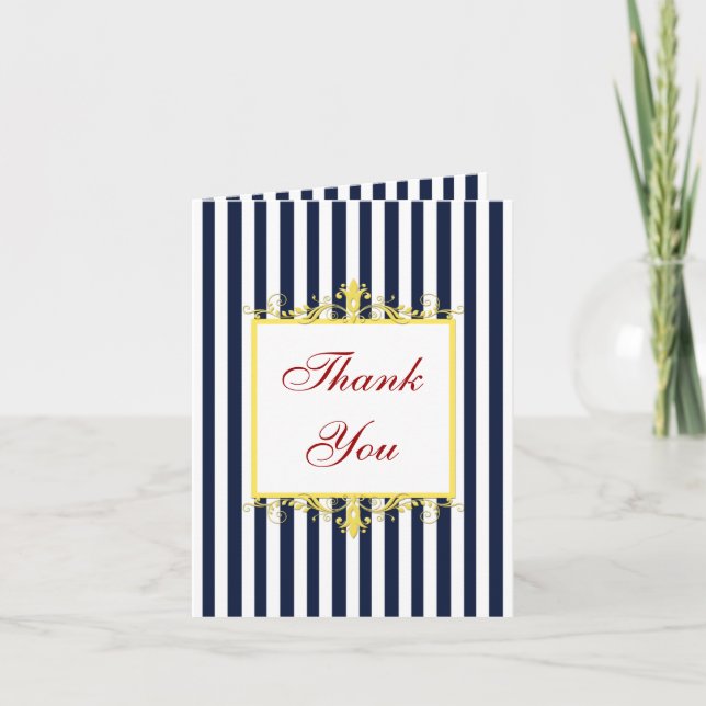 Navy White Yellow Stripes PHOTO Thank You Card (Front)