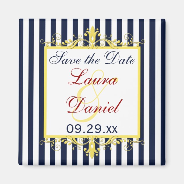 Navy, White, Yellow Stripes, Scrolls Save the Date Magnet (Front)