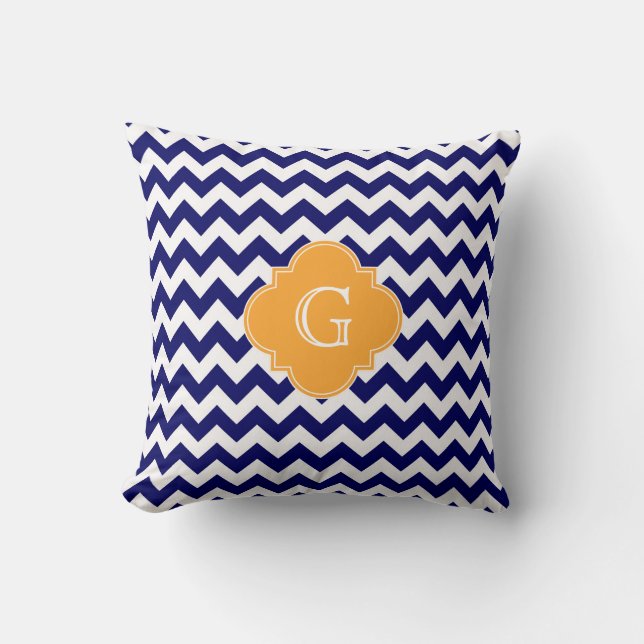 Navy Wht Chevron Cantaloupe Quatrefoil Monogram Cushion (Front)