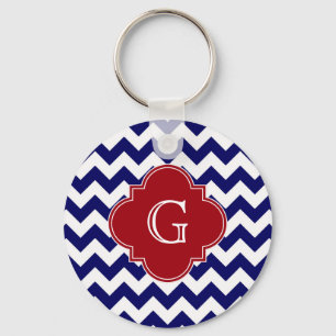 Navy Wht Chevron Cranberry Red Quatrefoil Monogram Key Ring