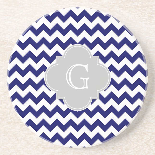 Navy Wht Chevron Grey Quatrefoil Monogram Coaster (Front)