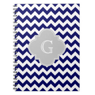 Navy Wht Chevron Grey Quatrefoil Monogram Notebook