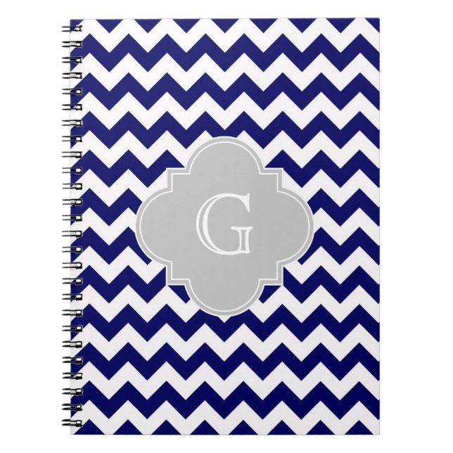 Navy Wht Chevron Grey Quatrefoil Monogram Notebook (Front)