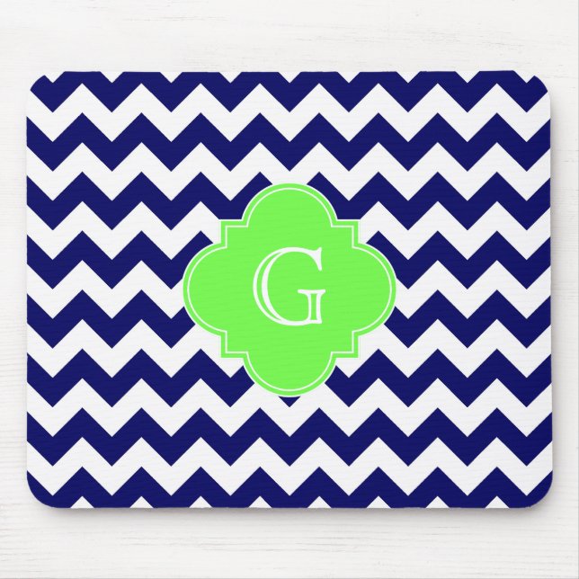 Navy Wht Chevron Lime Green Quatrefoil Monogram Mouse Pad (Front)