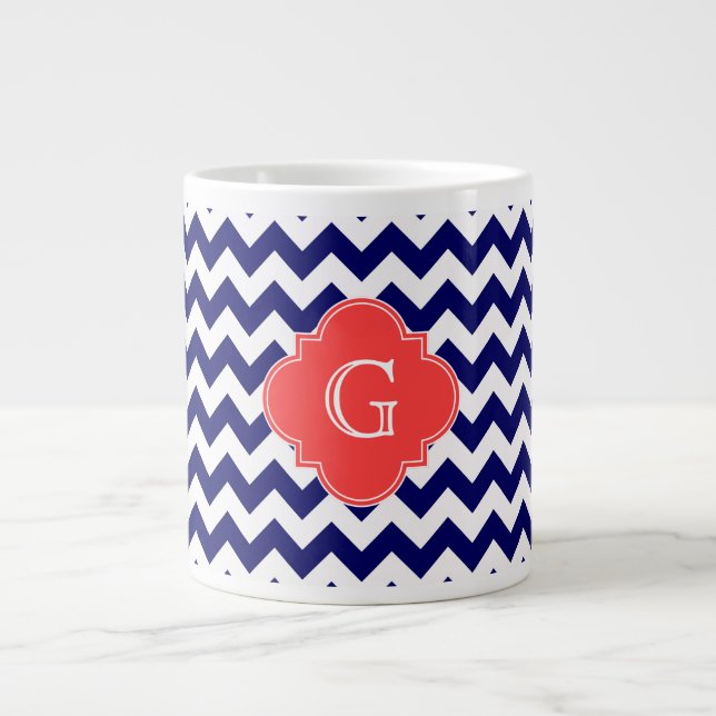 Navy Wht Chevron Zigzag Coral Quatrefoil Monogram Large Coffee Mug (Front)