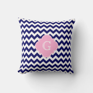 Navy Wht Chevron ZigZag Pink Quatrefoil Monogram Cushion