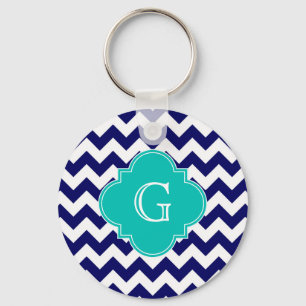 Navy Wht Chevron ZigZag Teal Quatrefoil Monogram Key Ring