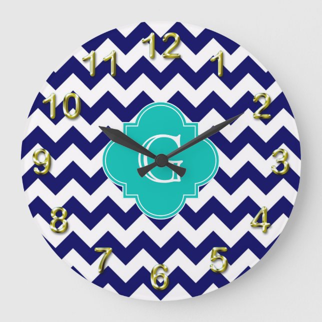 Navy Wht Chevron ZigZag Teal Quatrefoil Monogram Large Clock (Front)